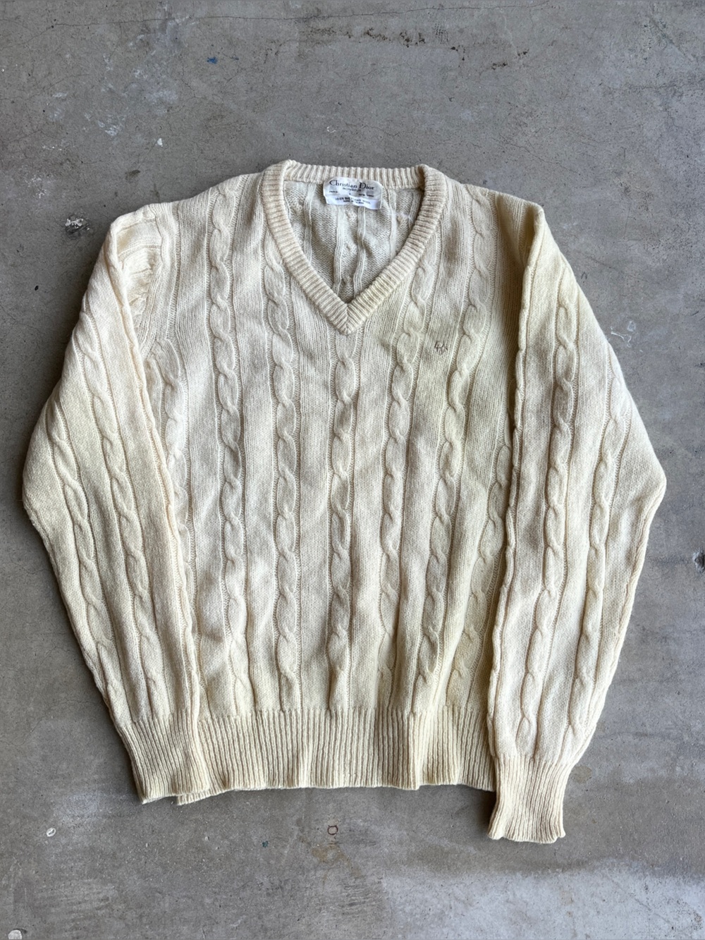 Vintage Christian Dior Monsieur Cable Knit V-Neck Sweater in Off-White